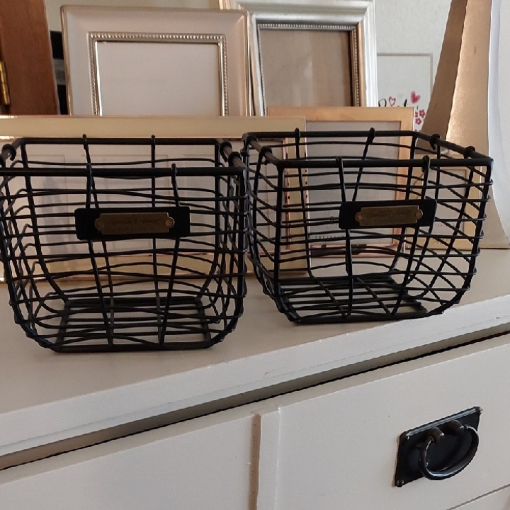(2)Hearth & Hand Magnolia NEW Black Wire Baskets W Pretty Metal Tag